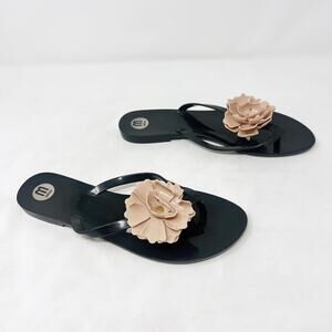 [Melissa] Black Jelly Sandals Rubber Flip Flop Beige Flower Beach Thongs Size 9